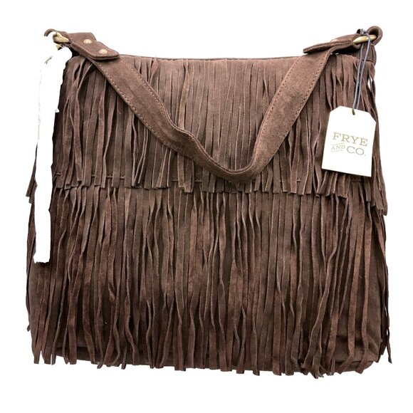 NWT XL Frye And Co 15x15 Brown Suede Layered full fringe shoulder bag Phoebe - Picture 1 of 6